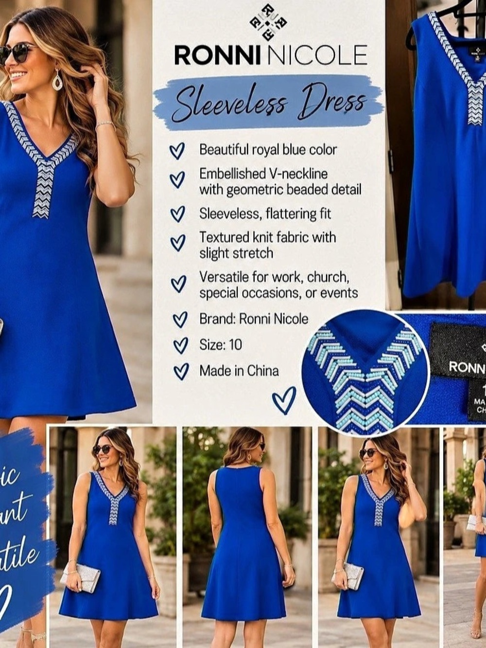 Ronni Nicole Sleeveless Embellished V-Neck Dress Blue & White Size 10